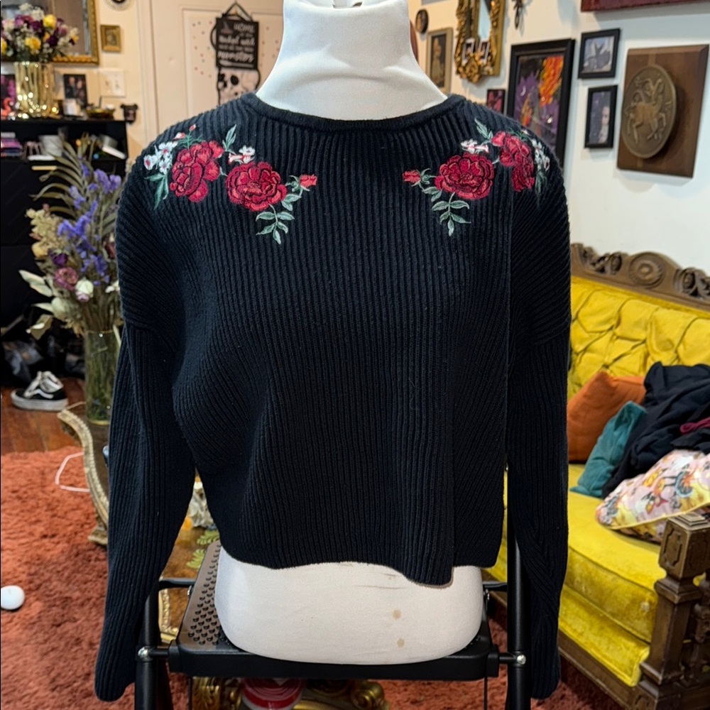 Black Sweater with Red Floral Embroidery